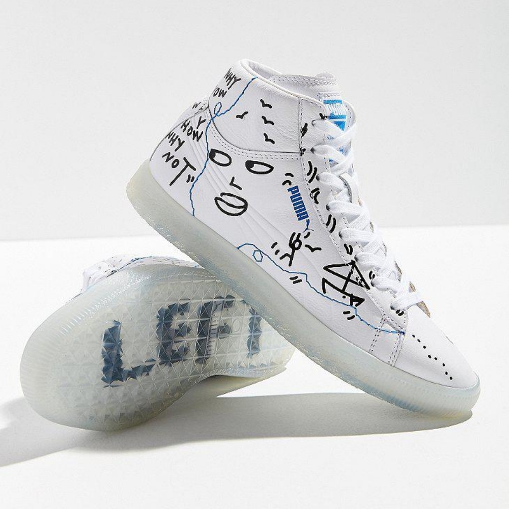Puma x Shantell Martin Clyde mid top streetwear doodle white leather sneaker